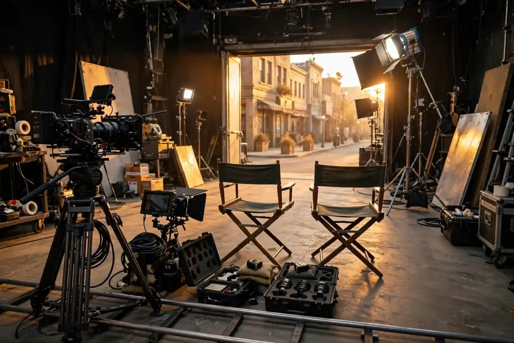Film set with camera equipment at golden hour