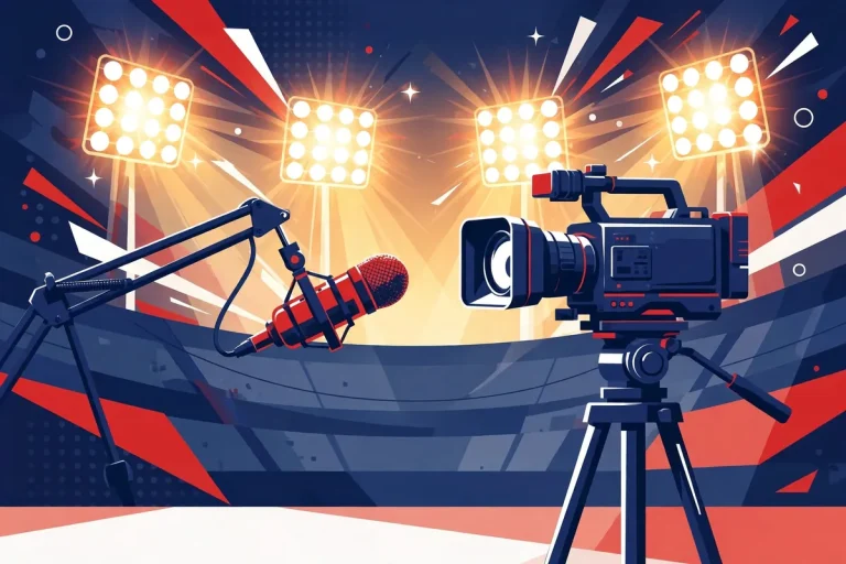 Stylized editorial illustration of Joy Taylor's sports broadcasting career with studio and stadium motifs
