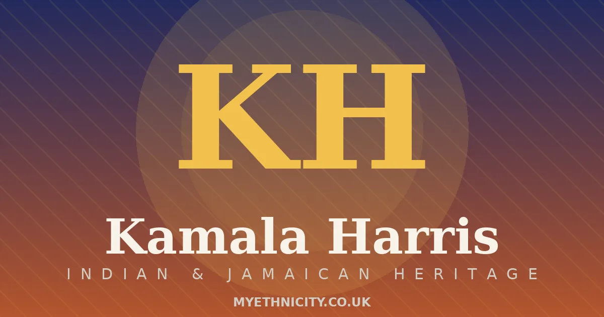 Stylized editorial graphic of Kamala Harris with indigo and saffron tones and monogram