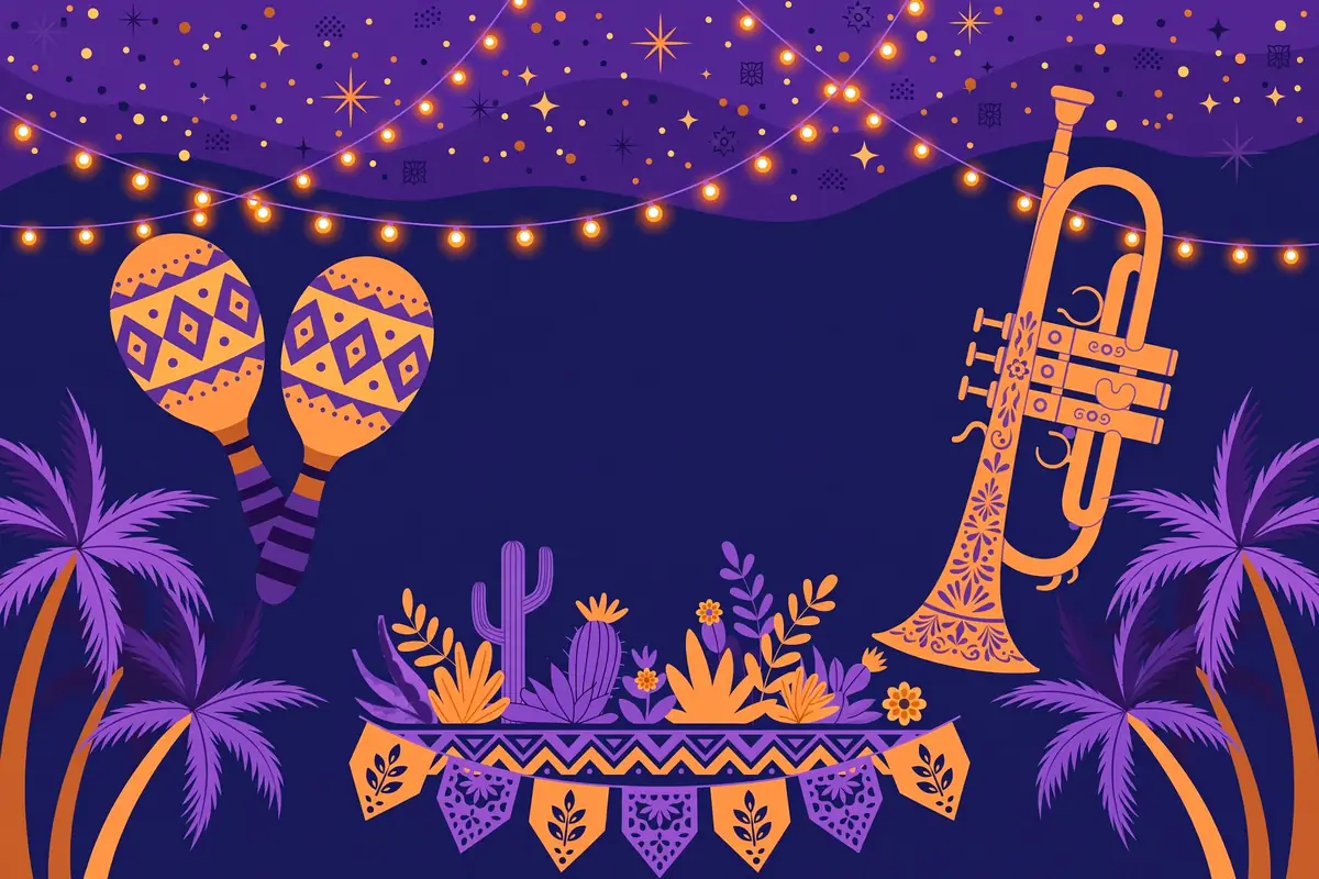 Vibrant flat-vector illustration of Colombian culture with tropical flowers, a guitar, and reggaeton concert energy in bold colors