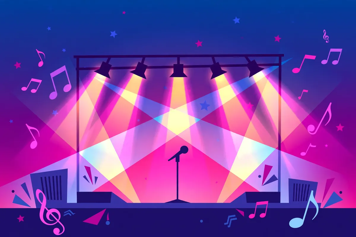 Flat editorial illustration of a concert stage with spotlights, a microphone, and musical notes over a night-sky gradient