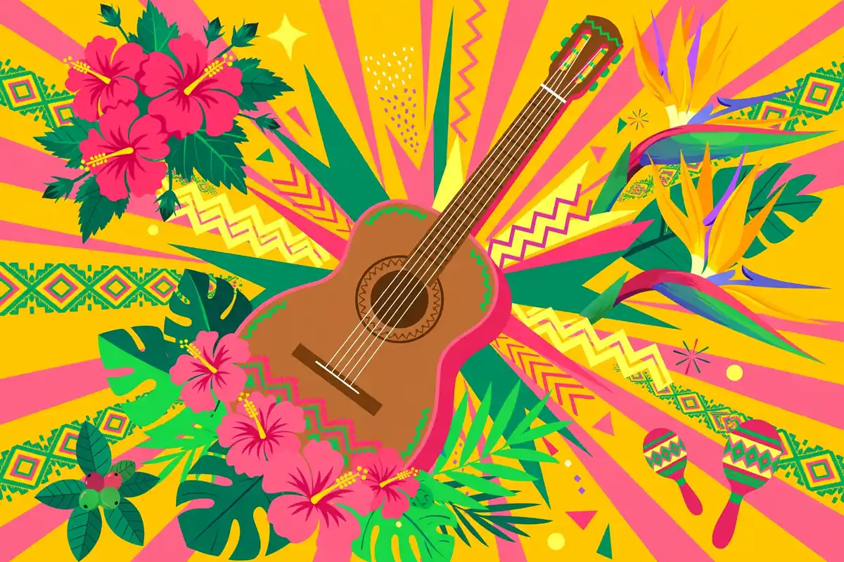Vibrant stylized editorial illustration of Karol G's Colombian heritage with tropical flowers and reggaeton energy