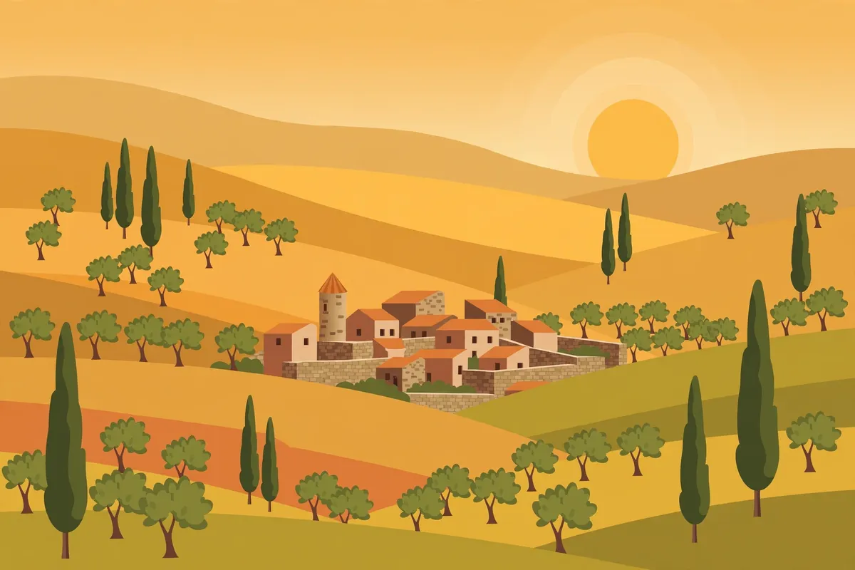 Stylized flat-vector illustration of Sicilian heritage with Mediterranean coastline, citrus groves, and classical columns