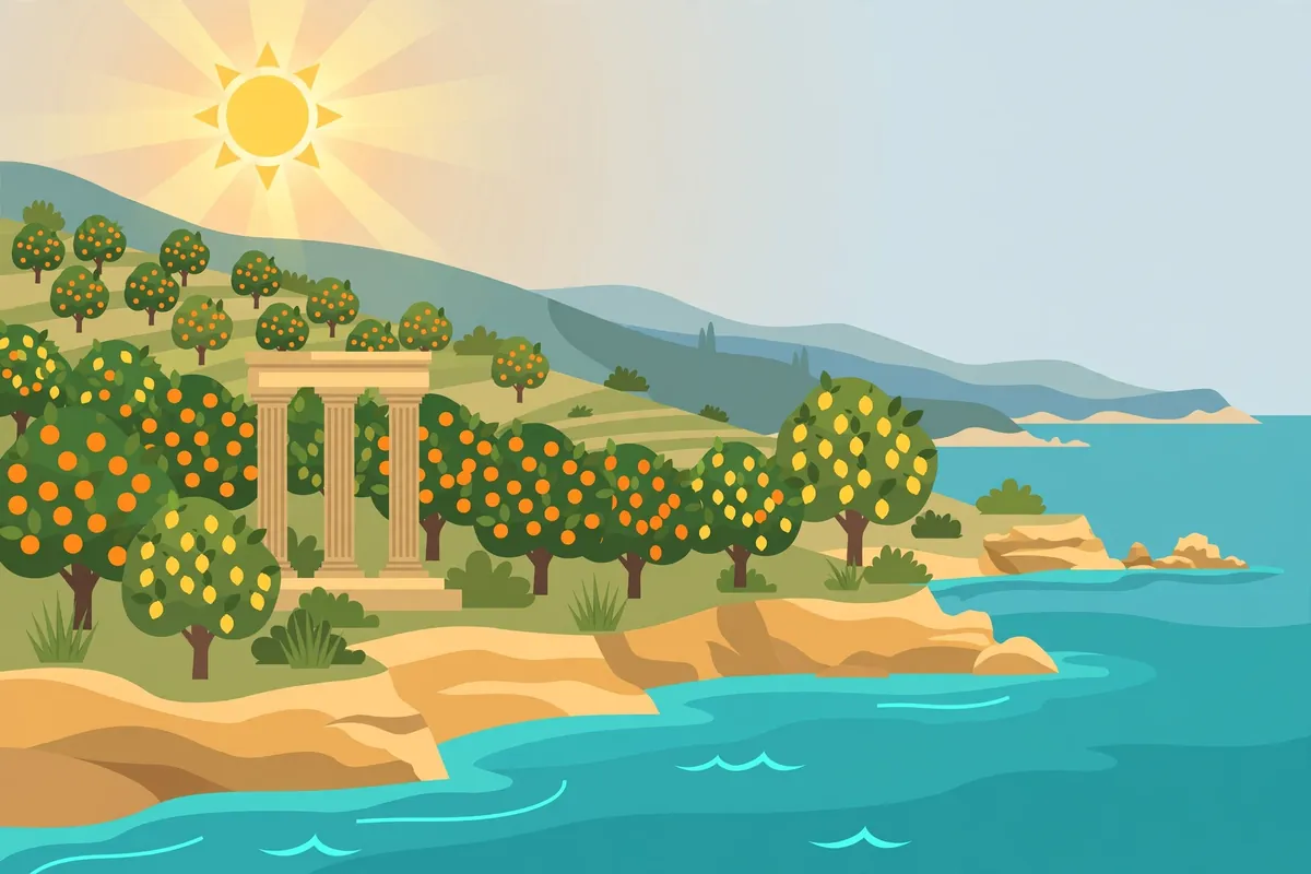 Stylized editorial illustration of Katie Zacharia's Sicilian heritage with Mediterranean motifs