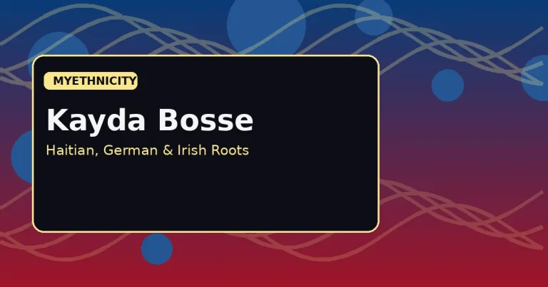 Stylized editorial graphic celebrating Kayda Bosse's Haitian, German and Irish heritage with tropical design elements
