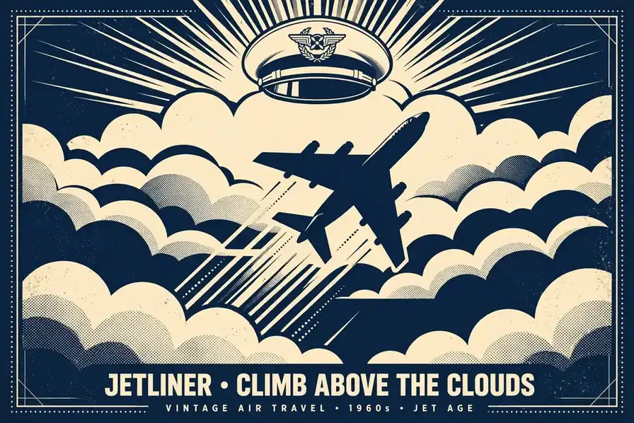 Retro-style editorial illustration of a vintage 1960s jet airliner above stylized clouds with a pilot's cap, referencing the era of Frank Abagnale Jr.'s story