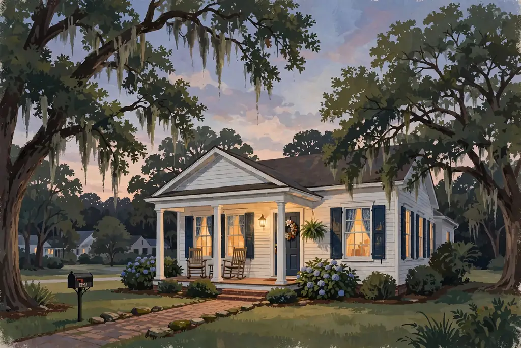 Painterly editorial illustration of a warm suburban family home at dusk in the American South, evoking Kelly Anne Welbes Abagnale's private family life