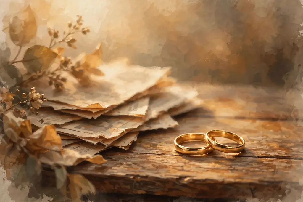 Stylized illustration of gold wedding bands on a vintage table, symbolizing Kelly Anne Welbes Abagnale's long marriage to Frank Abagnale Jr.