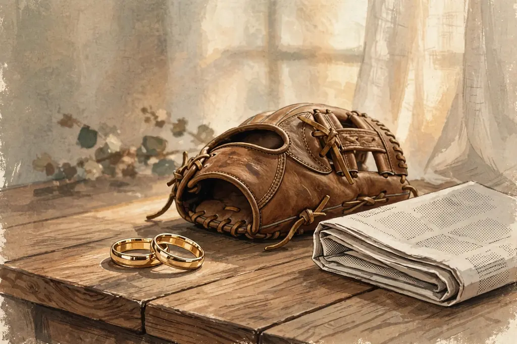 Stylized illustration of wedding rings and a vintage baseball glove, symbolizing her marriage to Cal Ripken Jr.