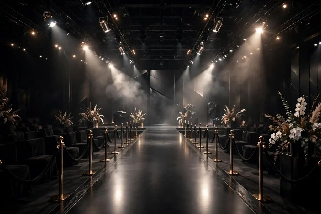 Glamorous fashion runway with spotlights