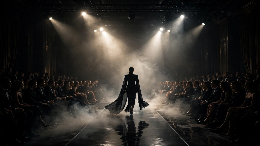 High-fashion runway show with dramatic spotlights