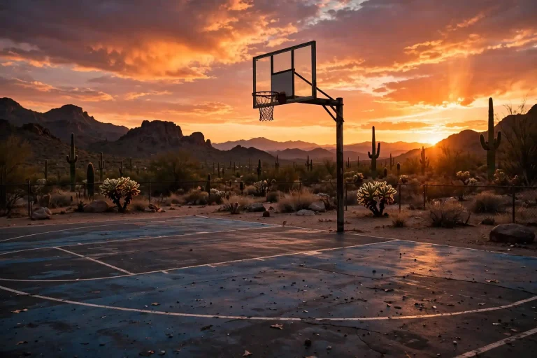 Basketball court in Arizona desert at sunset