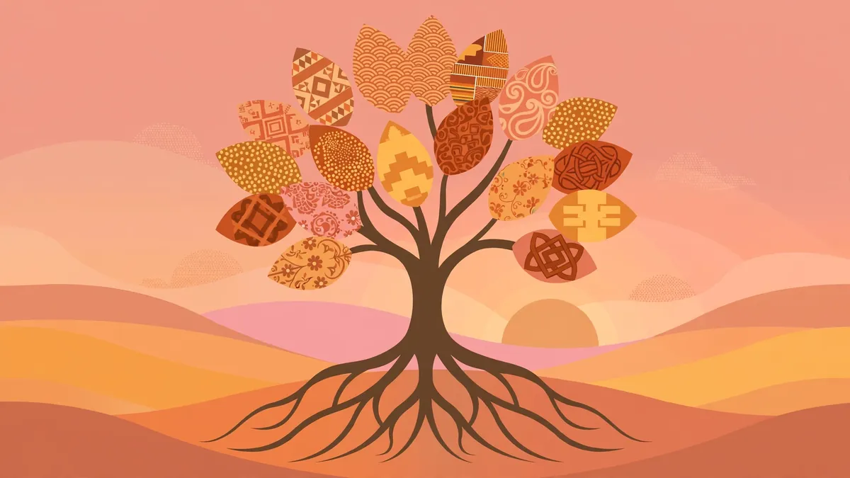 Stylized vector illustration of a tree of life with diverse cultural pattern leaves representing mixed heritage