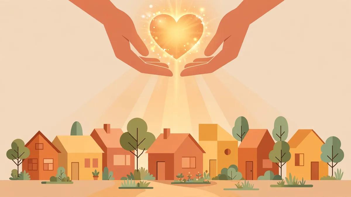 Stylized vector illustration of hands holding a glowing heart above a neighborhood, representing community service