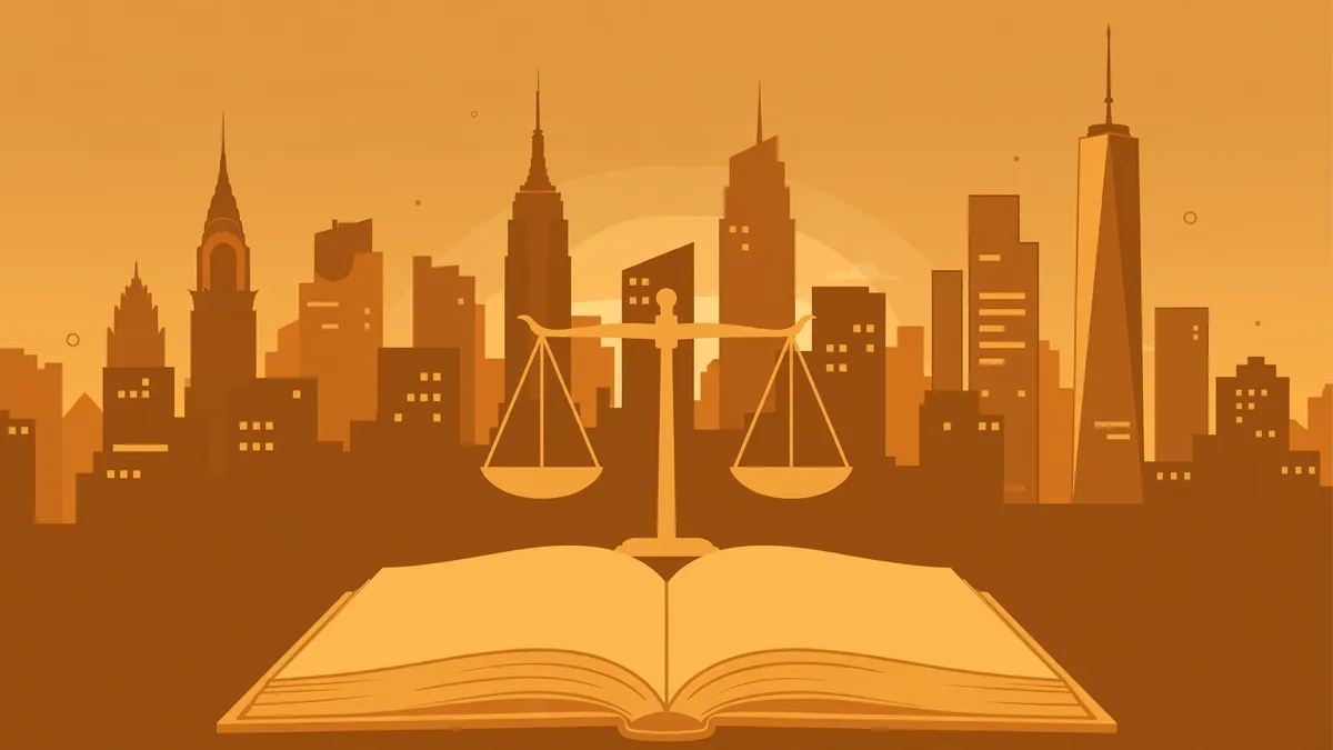 Stylized vector illustration of the New York City skyline at dusk with scales of justice, representing Kennisandra Jeffries' biography