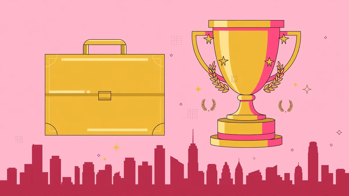 Stylized vector illustration of a briefcase and championship trophy representing Kiana James' businesswoman wrestling persona