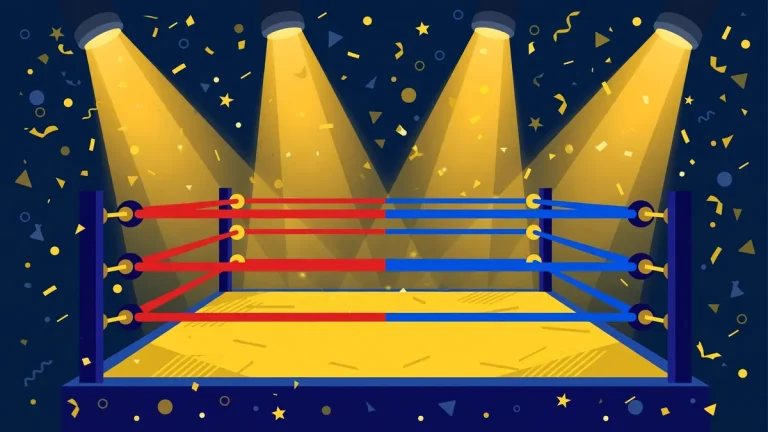 Stylized vector illustration of a wrestling ring with dramatic spotlights representing Kiana James' WWE career