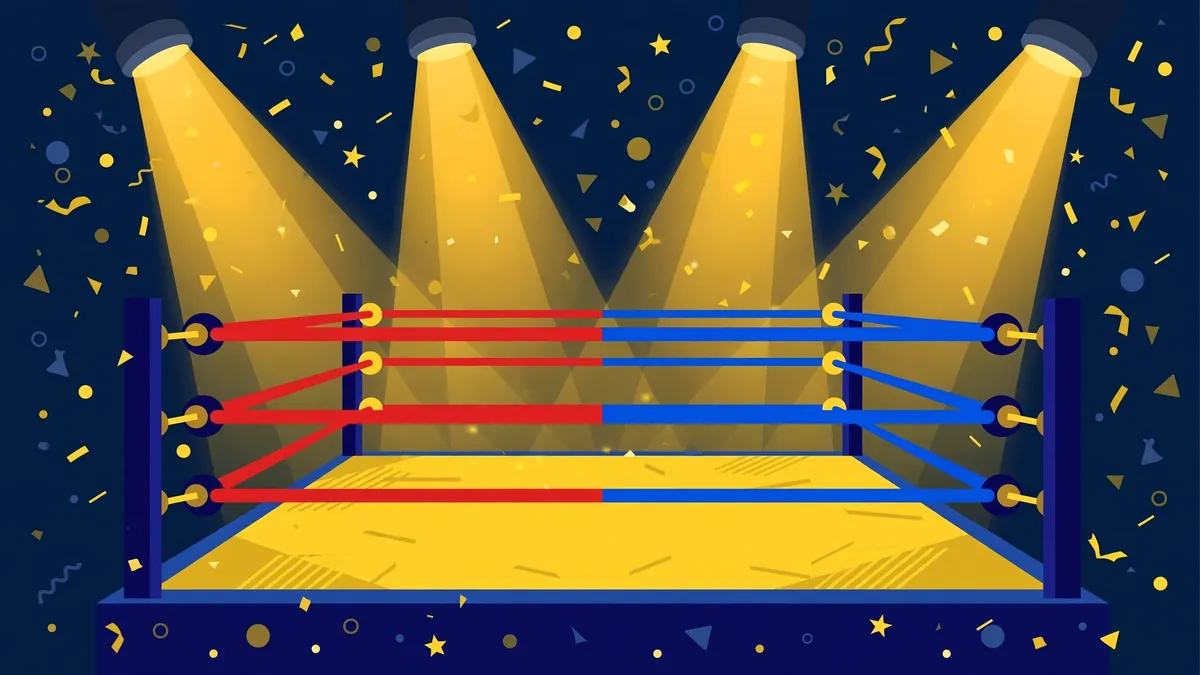 Stylized vector illustration of a wrestling ring with dramatic spotlights representing Kiana James' WWE career