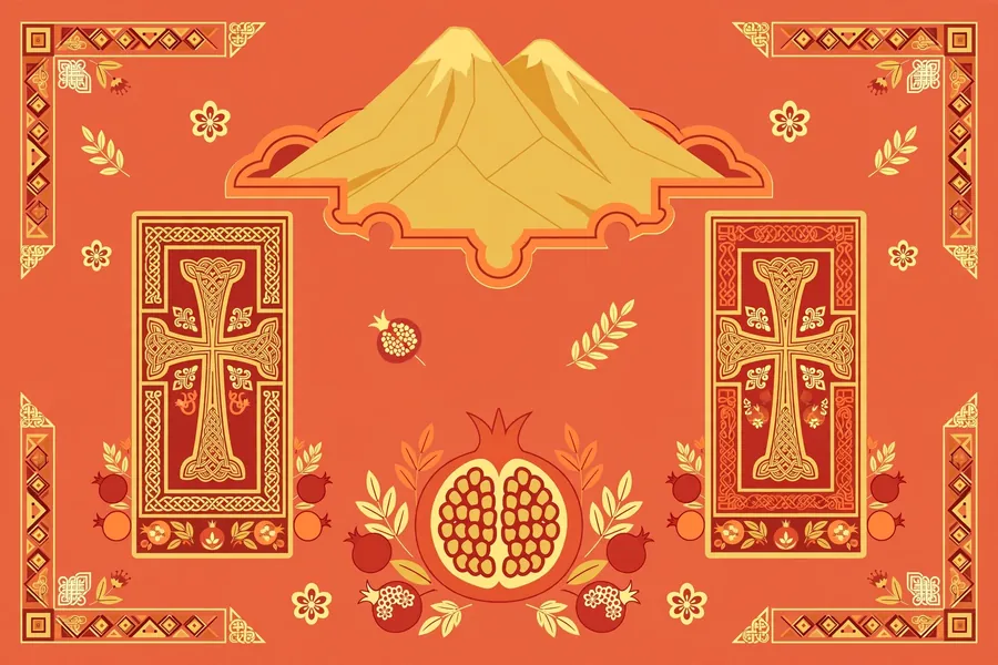 Stylized flat vector illustration of Armenian heritage symbols including Mount Ararat, khachkar crosses and pomegranate motifs in red orange and gold