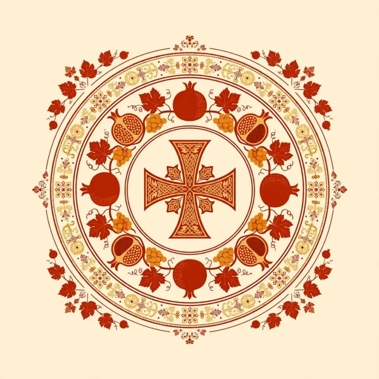 Featured graphic for Kim Kardashian ethnicity article: Armenian luxury medallion with khachkar and pomegranate motifs