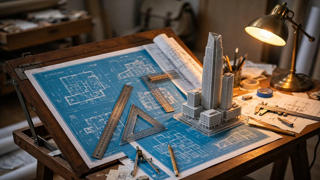 Architect's drafting table with skyscraper blueprints