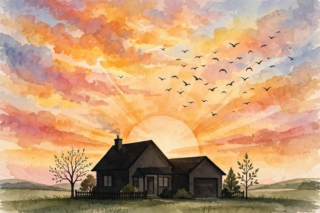 Stylized illustration of a home at sunrise, symbolising the Lando family's new beginning after the 2025 Palisades fire
