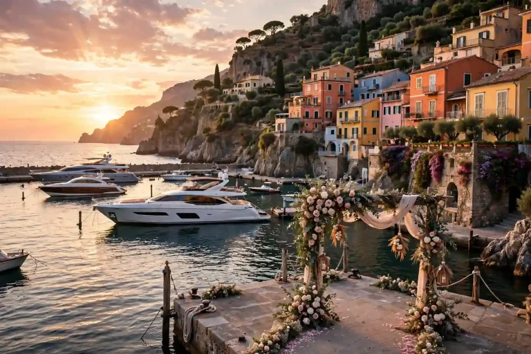 Italian coastal harbor at sunset