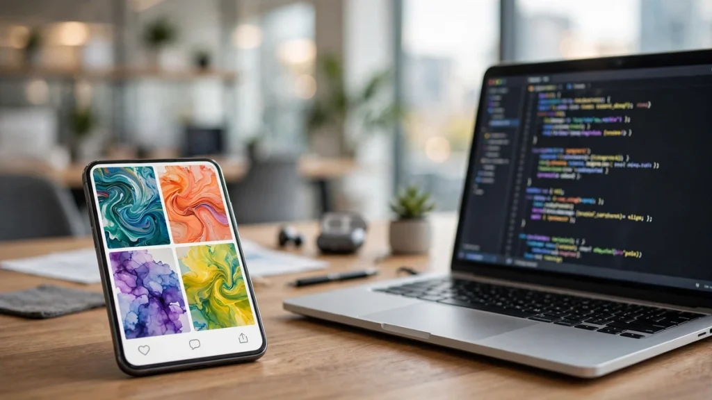 Smartphone and laptop in a tech office