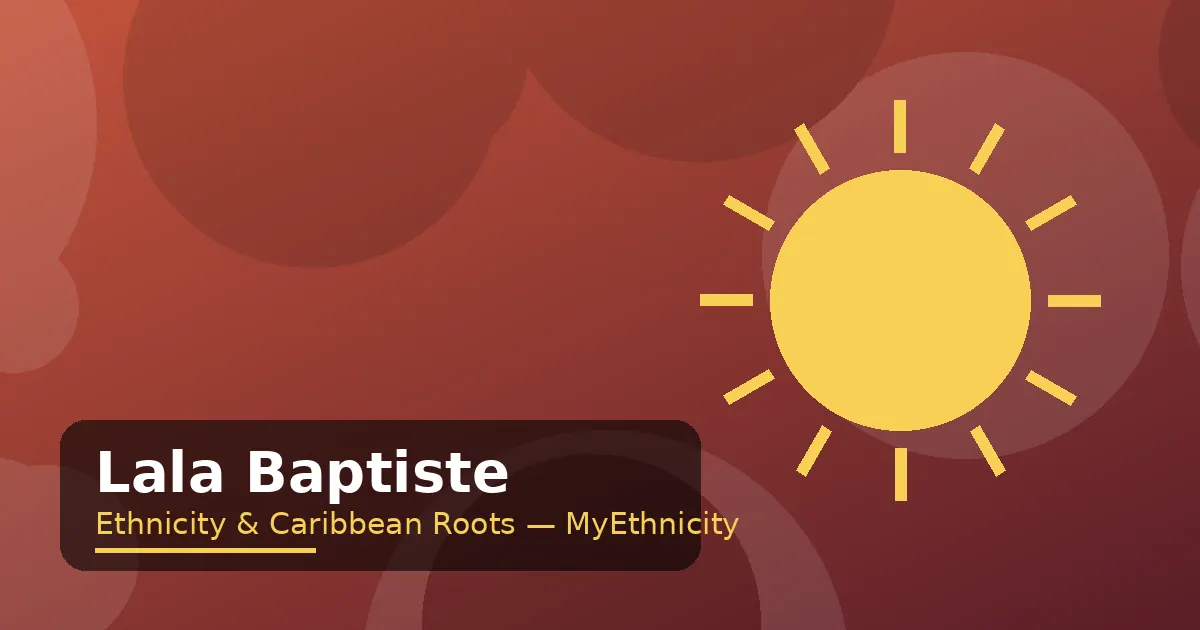 Stylized editorial graphic with tropical sun motif in coral and gold for the Lala Baptiste ethnicity article featured image