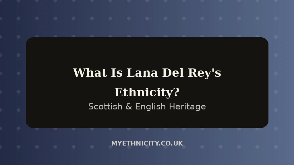 Stylized editorial graphic asking what Lana Del Rey's ethnicity is, in navy and blush tones