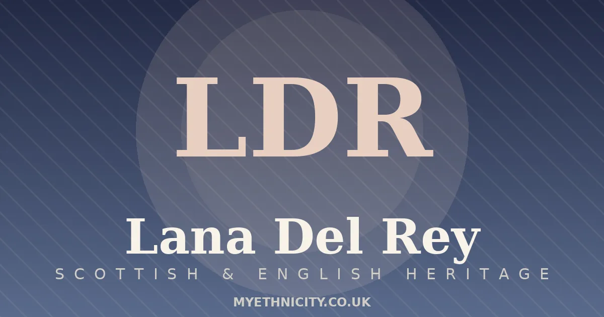 Stylized editorial graphic of Lana Del Rey with navy and blush tones and monogram
