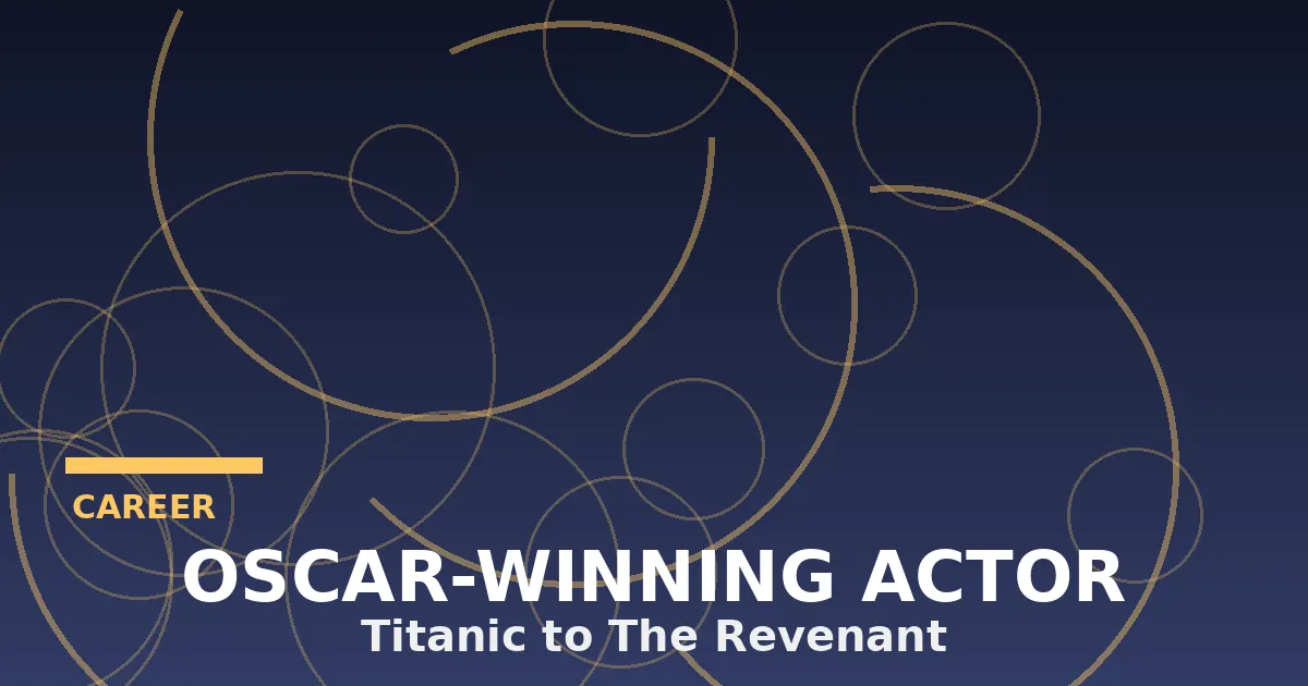 Stylized flat illustration of a film reel and Oscar-style statuette motifs representing Leonardo DiCaprio's acting career