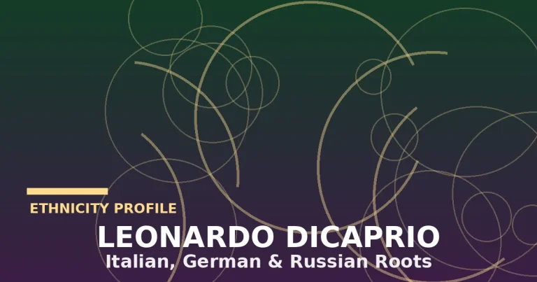 Stylized editorial illustration of Italian, German, and Russian flag motifs representing Leonardo DiCaprio's European heritage