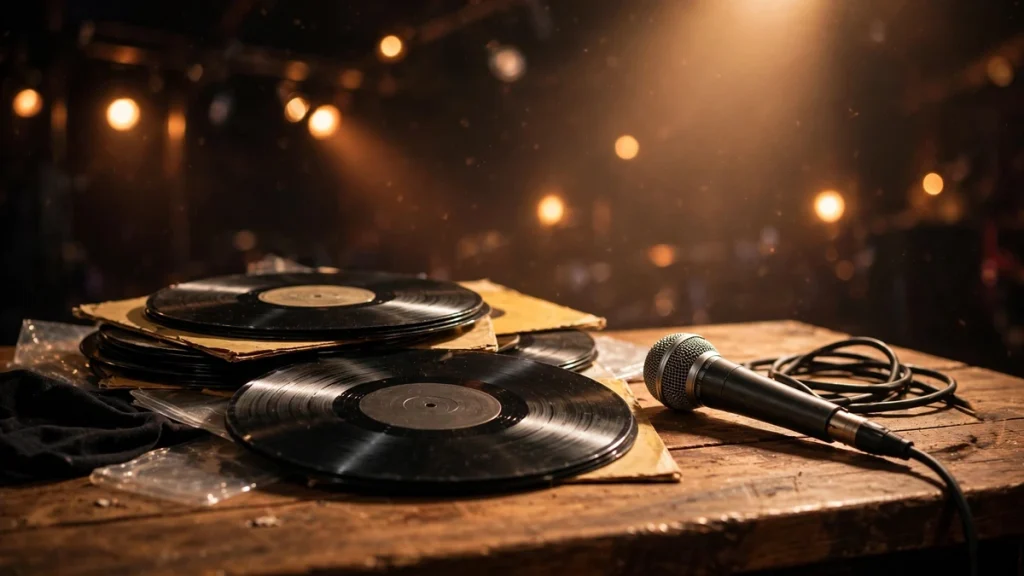 Vintage vinyl records and microphone