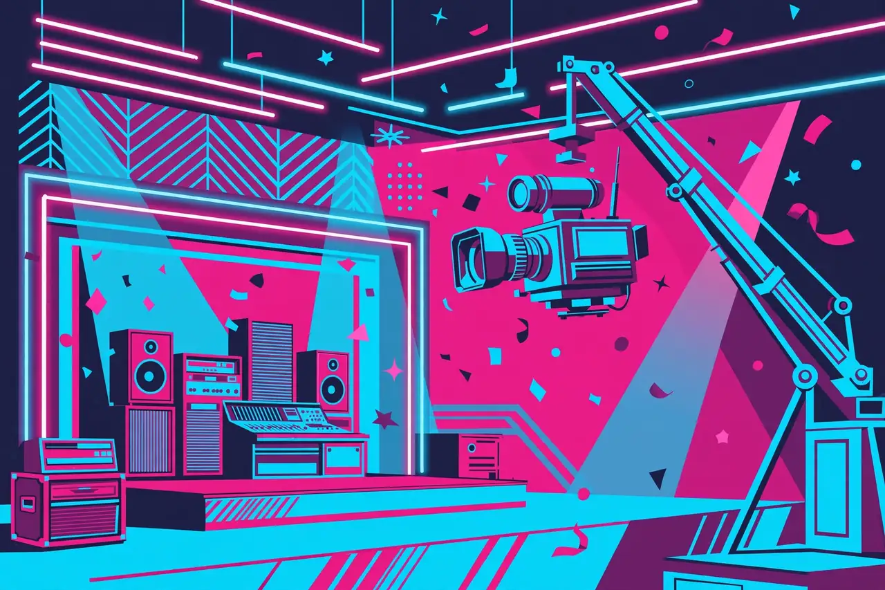 Stylized illustration of a 1980s music video set with neon lights, referencing Lupe Gidley's reported appearance in Billy Joel's 'We Didn't Start the Fire'
