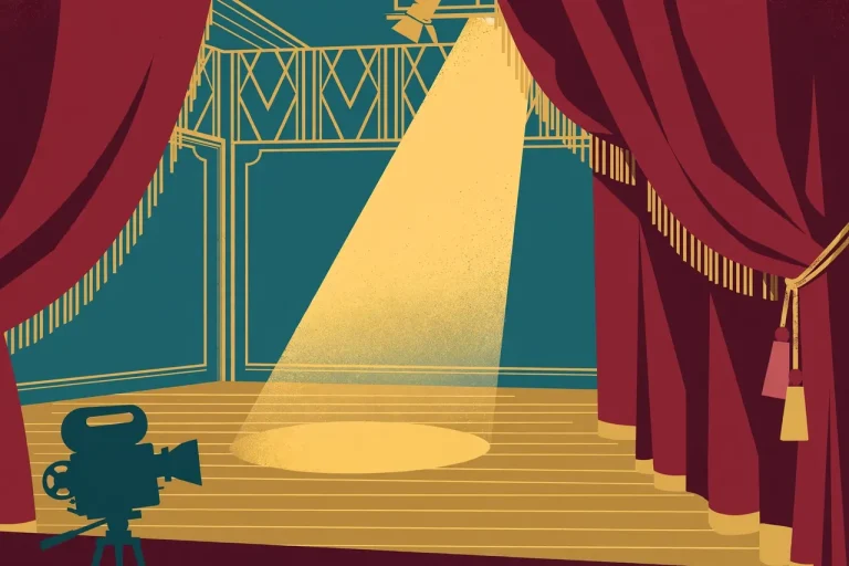Lupe Gidley biography: stylized illustration of a 1980s theater stage with spotlight and vintage camera