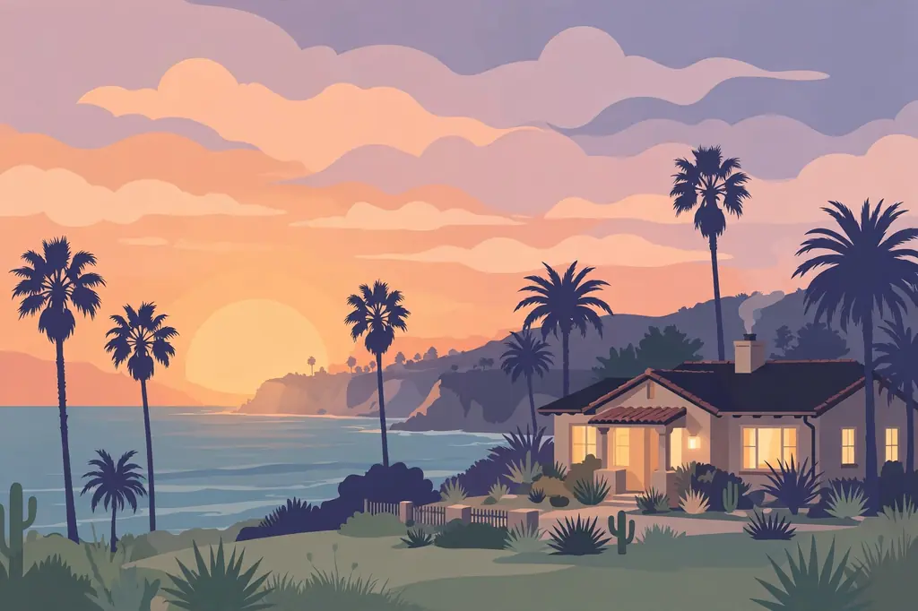 Soft stylized illustration of a Southern California coastal sunset with a family home silhouette