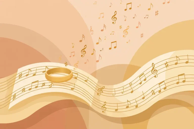 Stylized editorial illustration representing Mallory Plotnik, wife of singer Phil Wickham — wedding band on sheet music