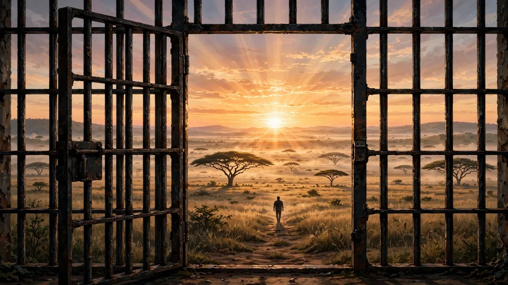Prison bars opening onto an African sunrise