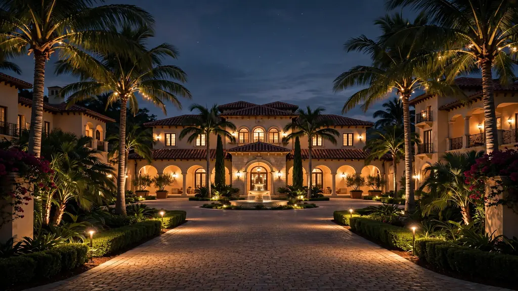 Grand Florida resort estate at night with palm trees