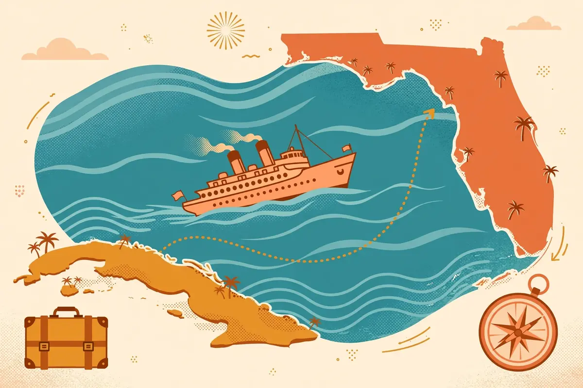 Illustration of a 1950s ocean voyage from Cuba to Florida representing Marco Rubio's parents' immigration