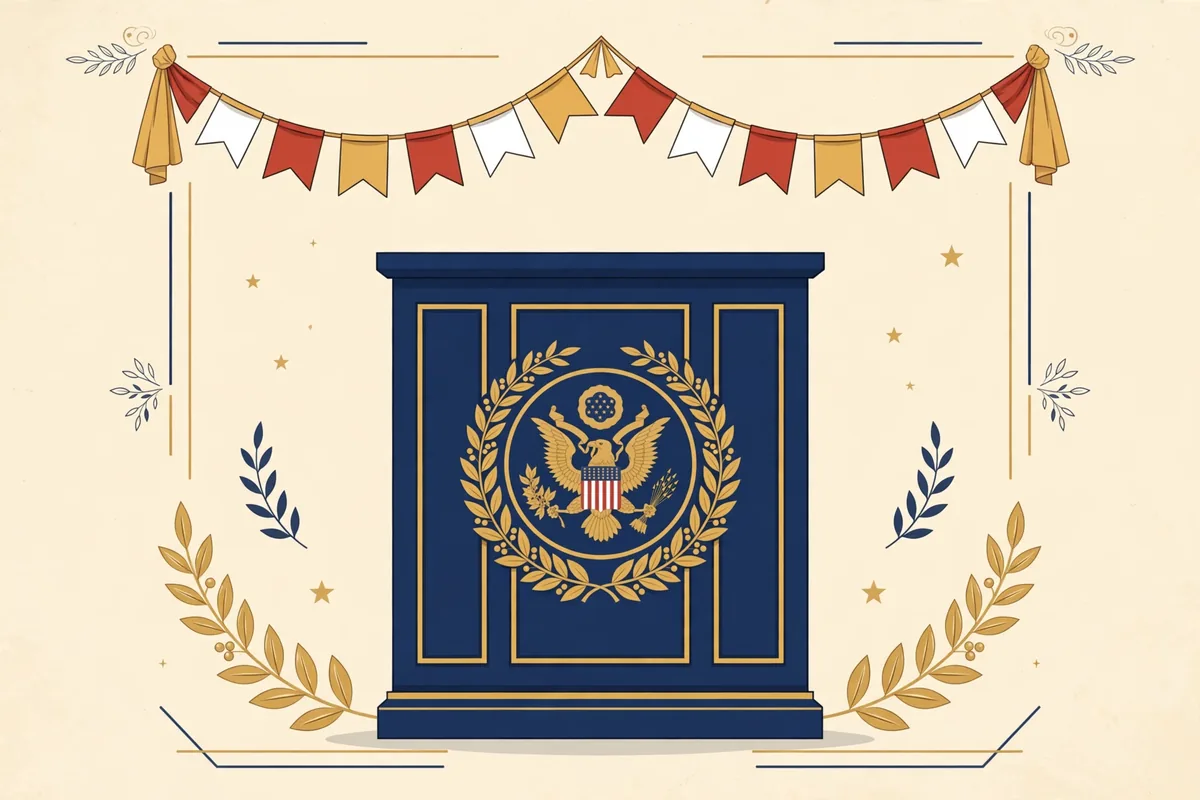 Editorial illustration of a Senate podium with laurel wreath representing Marco Rubio's political career