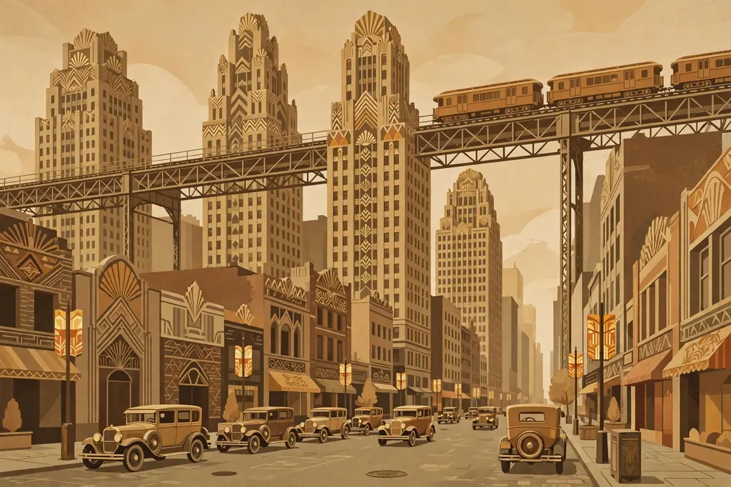Art-deco editorial illustration of 1920s Chicago, the city where Marilyn Kroc Barg was born