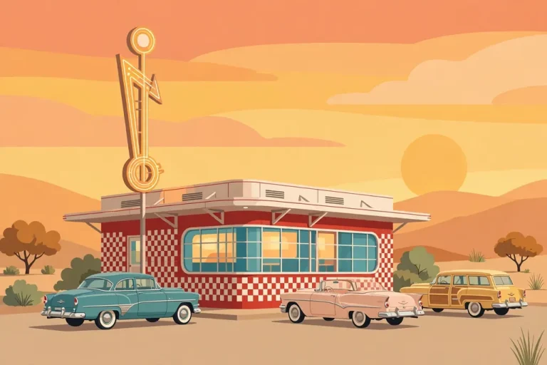 Stylized editorial illustration of a 1950s American roadside diner at golden hour for the Marilyn Kroc Barg biography