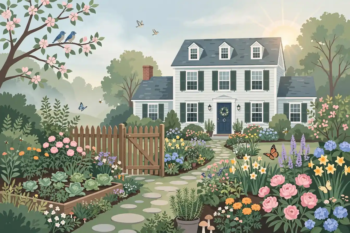 Stylized illustration of a peaceful private family garden with a colonial house, evoking Mary Joan Schutz's quiet life after Hollywood