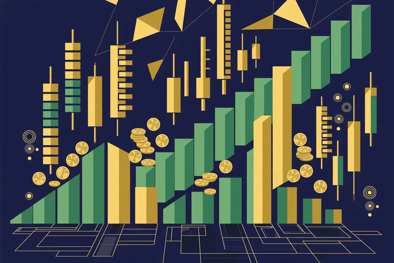 Abstract editorial illustration of geometric stock charts and coin motifs representing Matt Danzeisen's finance career