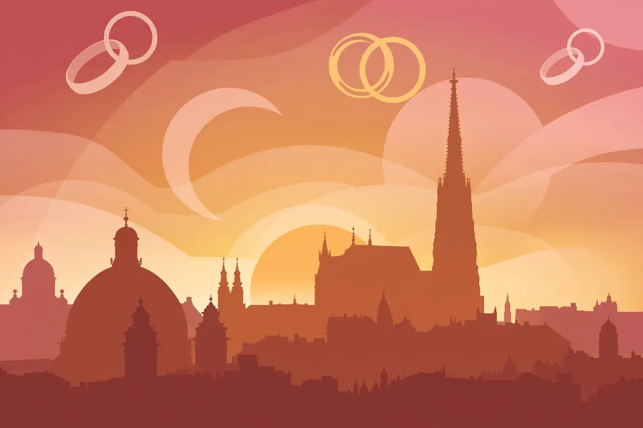 Editorial illustration of a Vienna cityscape at sunset, evoking the city where Matt Danzeisen married Peter Thiel
