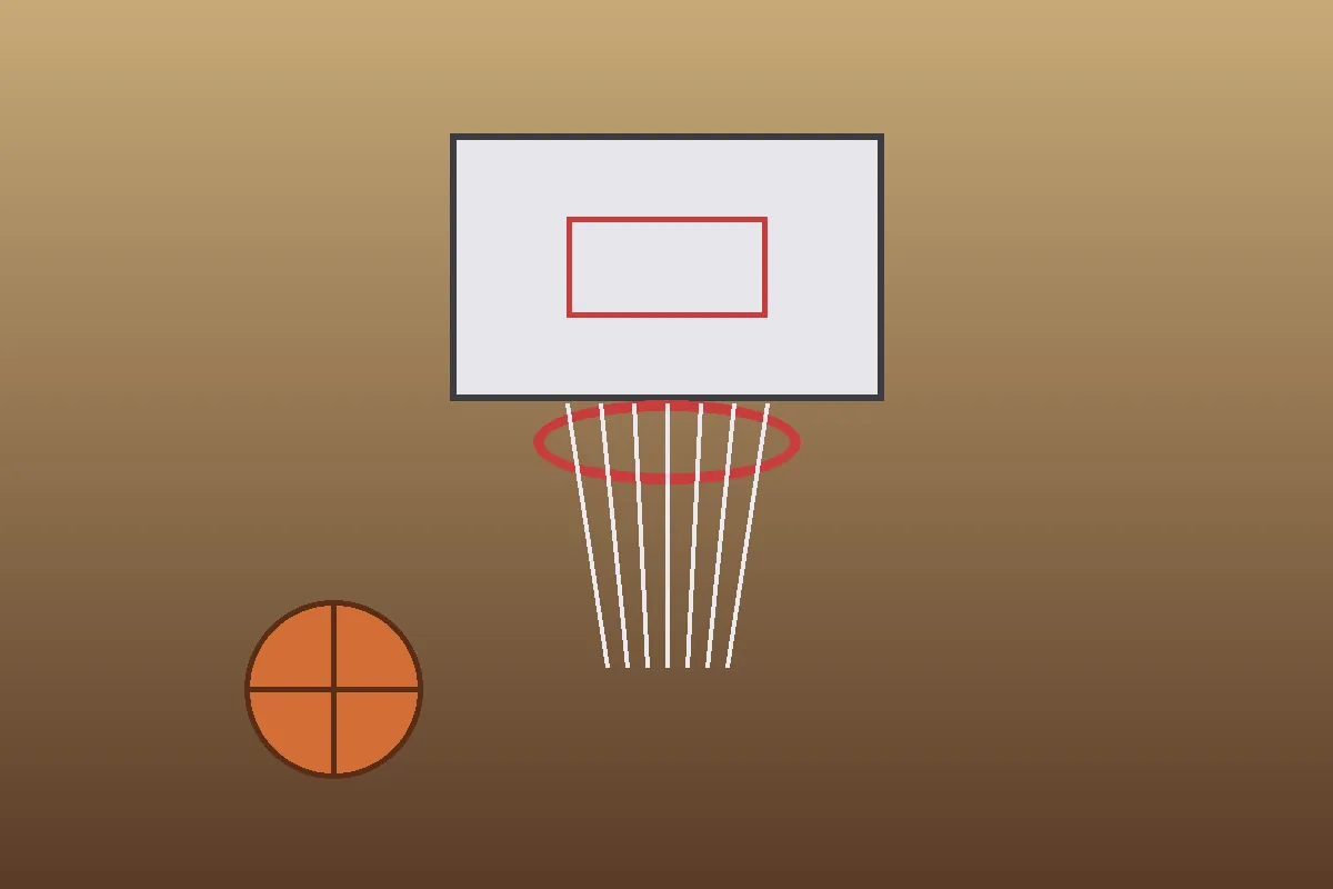 Stylized editorial illustration of a basketball court with hoop and ball, representing NBA player Max Strus
