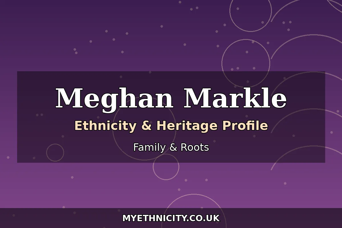 Stylized editorial graphic with heritage and identity motifs representing Meghan Markle's biracial African American and Caucasian ethnicity