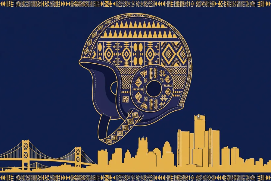 Stylized flat vector illustration of a vintage football helmet with African-inspired geometric patterns and Detroit skyline silhouette